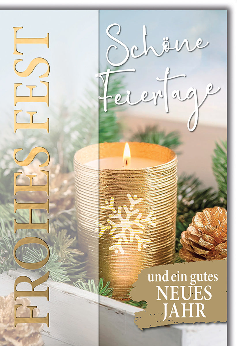 Weihnachtskarte mit Kerzenmotiv – Elegante Festtagsgrüße in Gold und Grün für besinnliche Feiertage