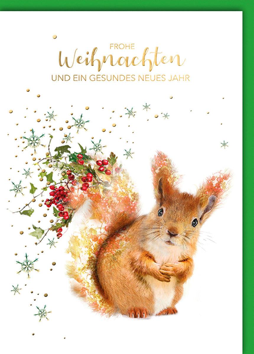 Weihnachtskarte mit niedlichem Eichhörnchen, festlichen Beeren und Schneeflocken in Aquarelloptik