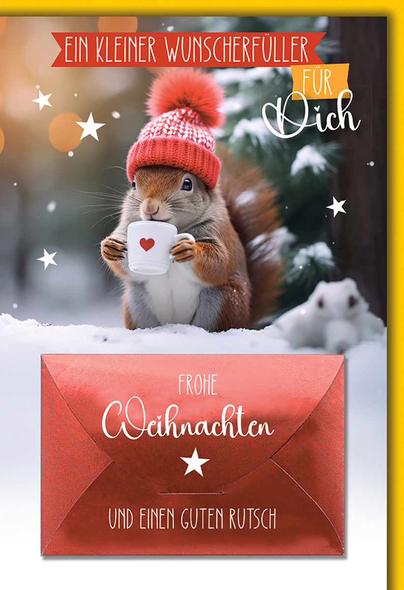 Weihnachtskarte mit niedlichem Eichhörnchen, roter Mütze & Tasse – Winterliche Grüße für Tierliebhaber