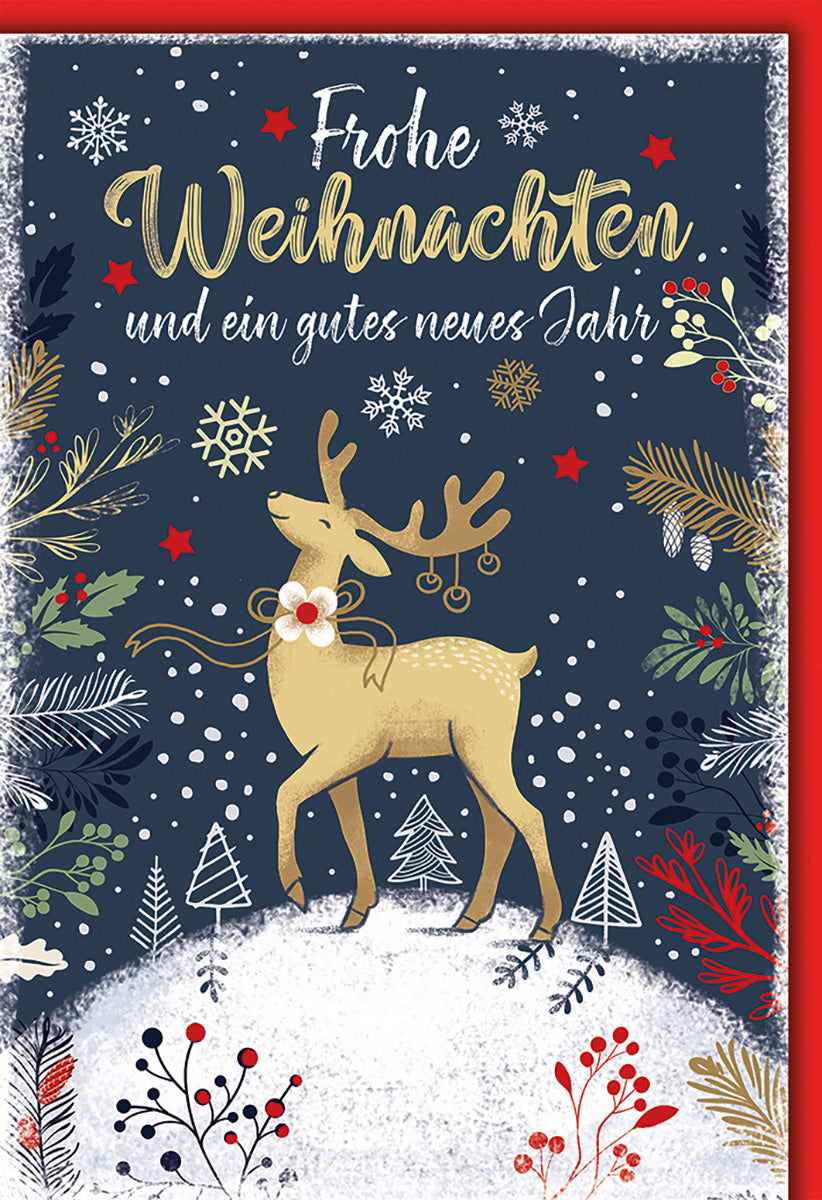 Weihnachtskarte mit Rentiermotiv – Elegante Winterlandschaft in Blau und Gold für festliche Grüße