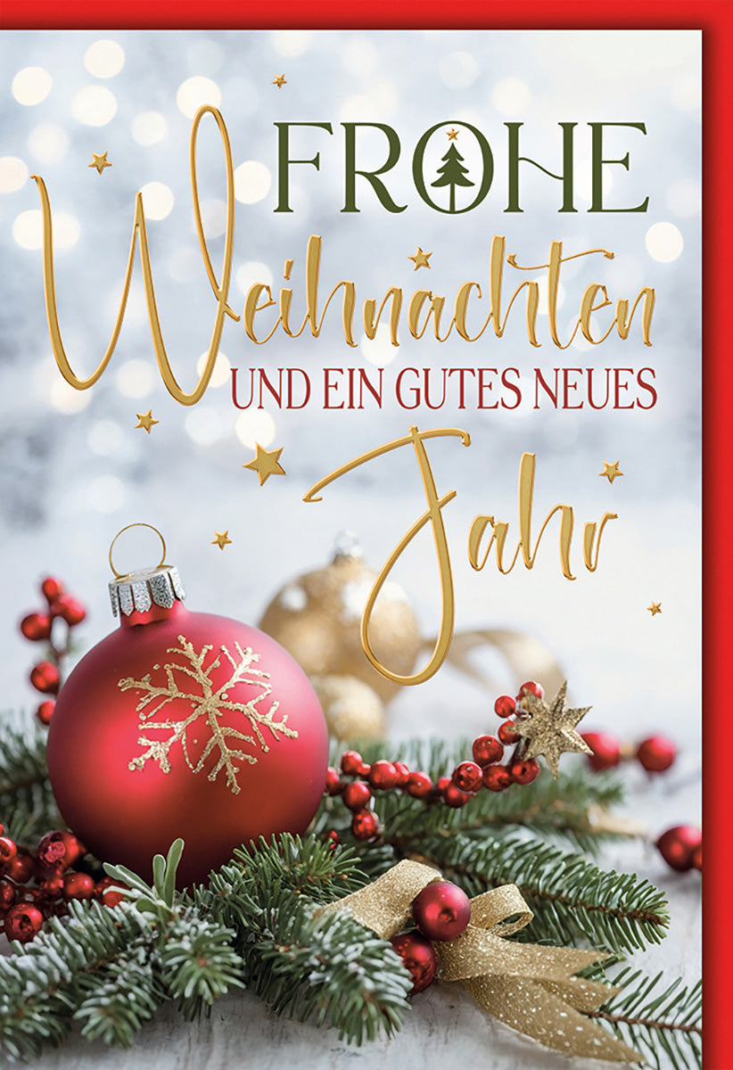 Weihnachtskarte mit roter Kugel und Tannenzweigen, festlich glitzerndes Design für besinnliche Grüße