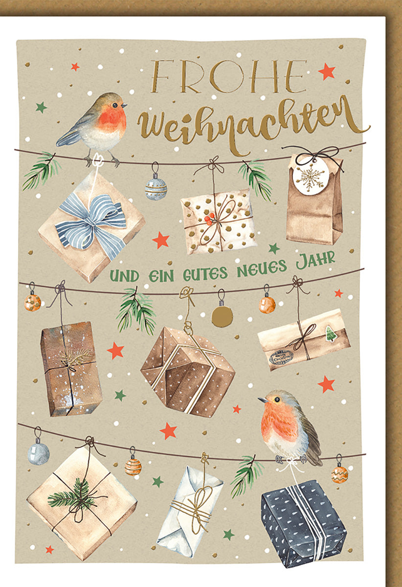 Weihnachtskarte mit Rotkehlchen & Geschenken – Aquarell-Design, festliche Farben, für Naturliebhaber