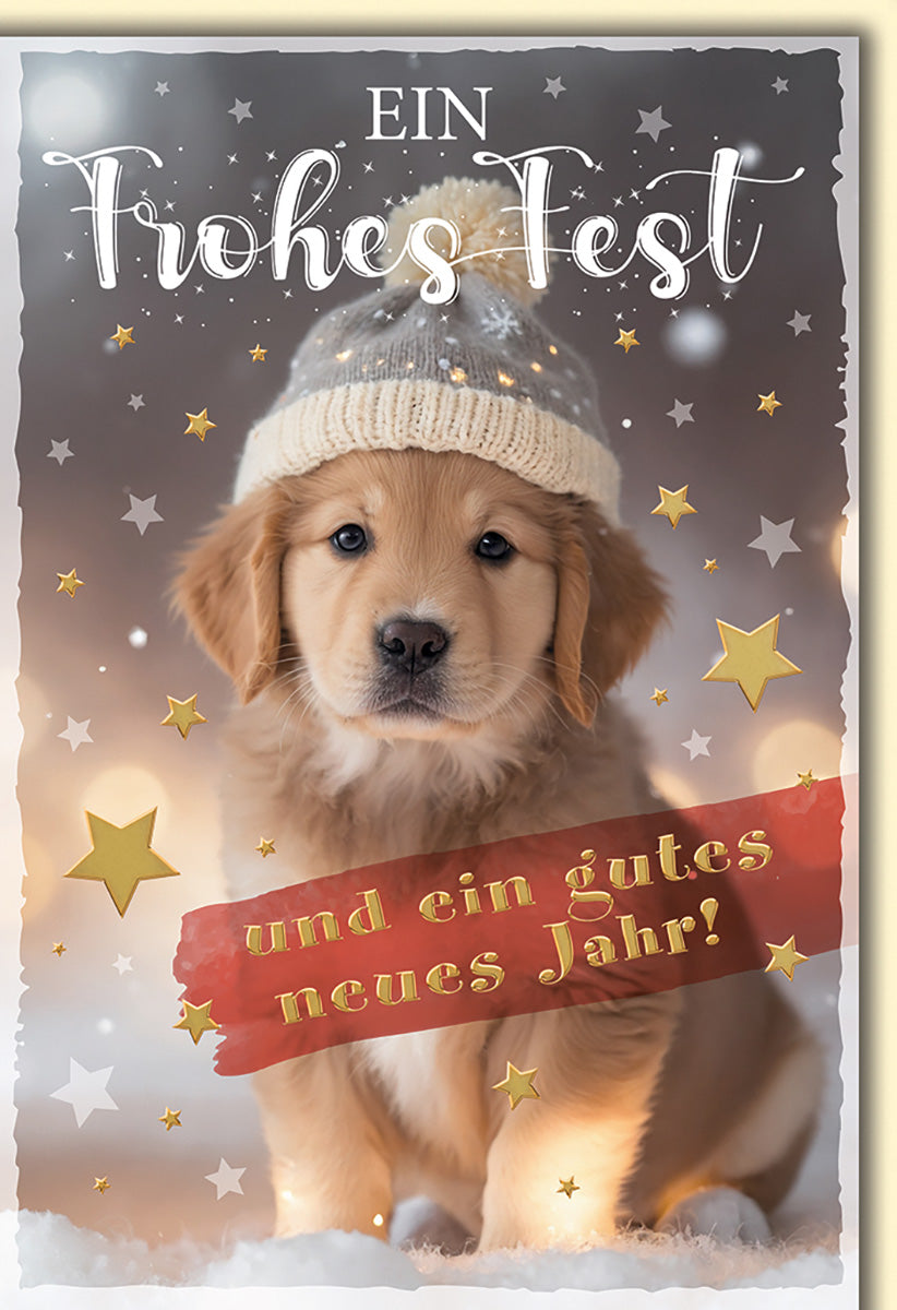 Weihnachtskarte mit süßem Welpen, Wintermütze & Sternen – Festliche Grüße für Hundefreunde
