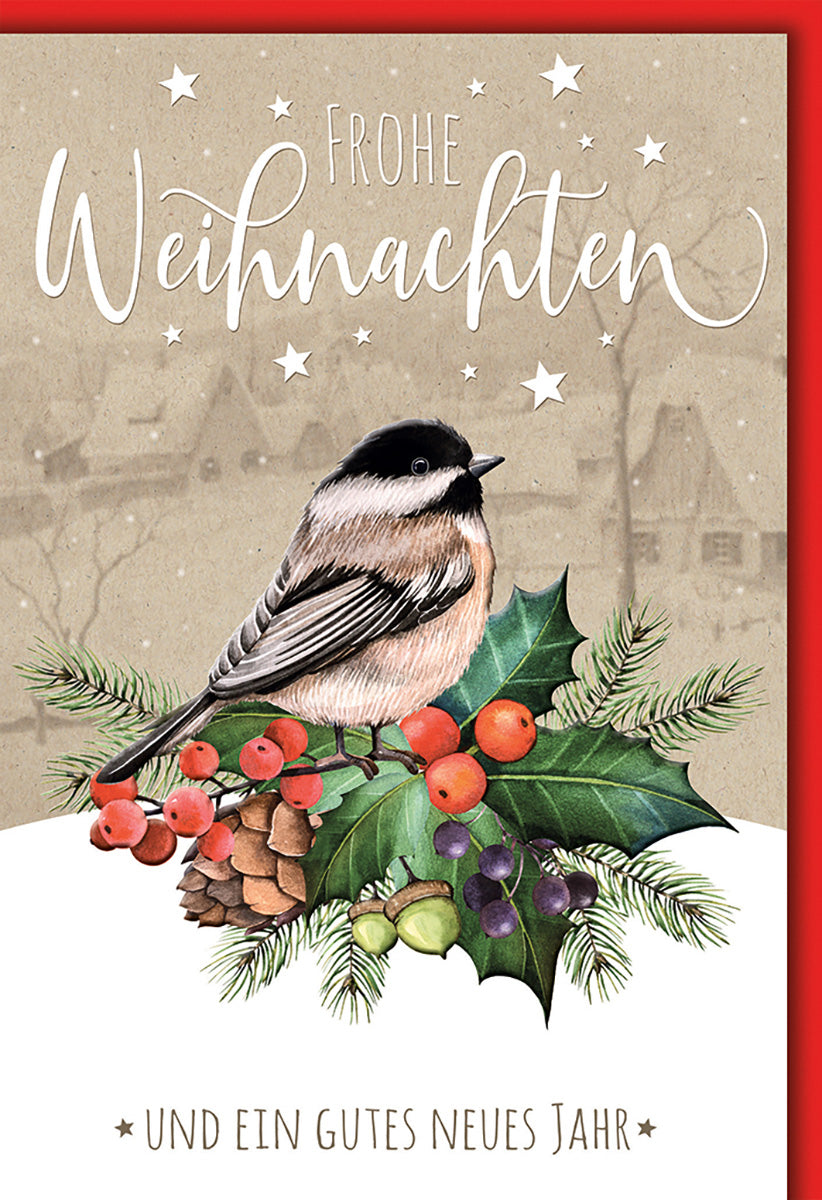 Weihnachtskarte mit Vogelmotiv – Natürliche Farben, Tannenzapfen & Beeren – Festliche Grüße für Naturfreunde