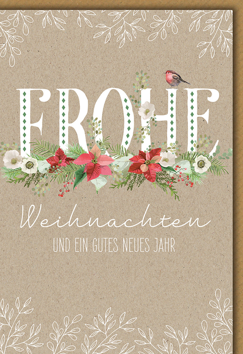 Weihnachtskarte Naturlook: Festliche Blumen & Vogel auf Kraftpapier für stilvolle Grüße