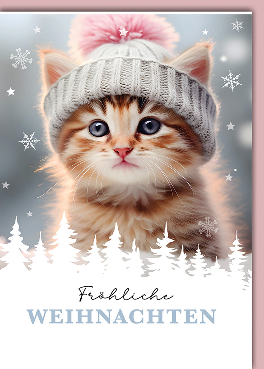 Weihnachtskarte: Niedliches Kätzchen im Winterwald mit Mütze – Perfekt für Tierliebhaber und Katzenfans