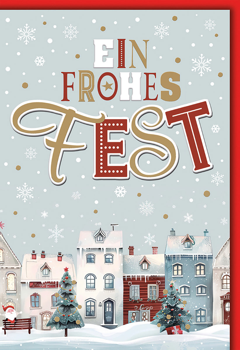 Weihnachtskarte: Nostalgisches Winterdorf mit Schneeflocken und festlichen Grüßen in Rot und Gold