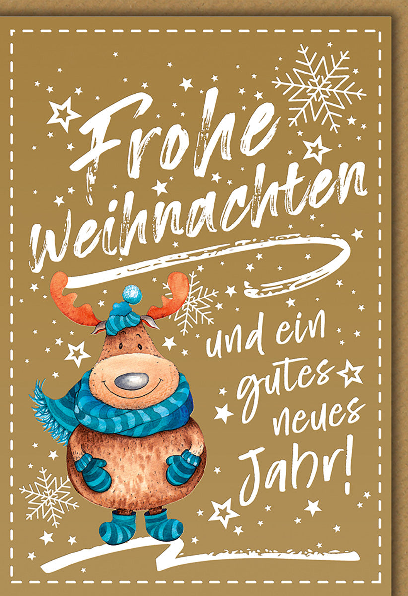 Weihnachtskarte Rentier-Design: Verspieltes Motiv in Braun und Blau mit Schneeflocken für Kinder