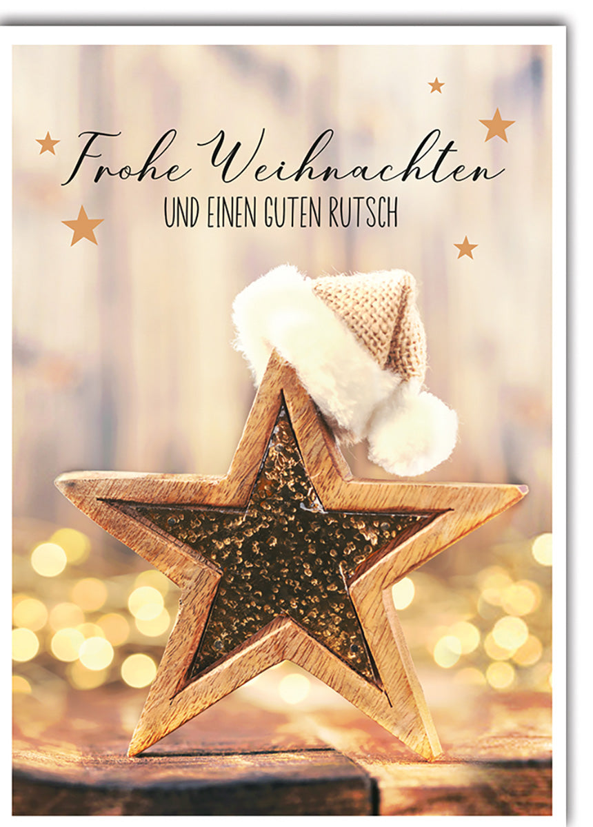 Weihnachtskarte: Rustikaler Holzstern mit Glitzer und Mütze – Festliche Grüße für die Weihnachtszeit