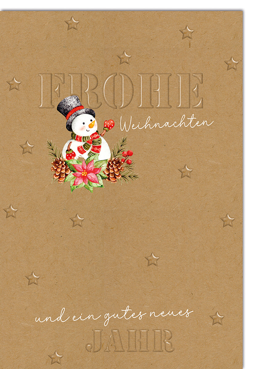 Weihnachtskarte: Rustikaler Schneemann mit Zylinder und Tannenzapfen auf Kraftpapier-Hintergrund