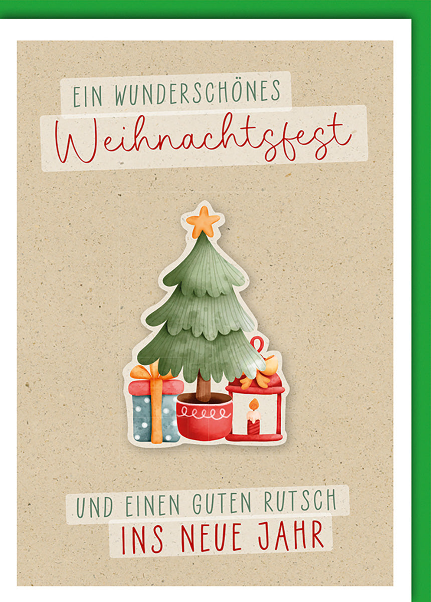 Weihnachtskarte – Rustikales Design mit Tannenbaum und Geschenken, Festliche Grüße für die Feiertage
