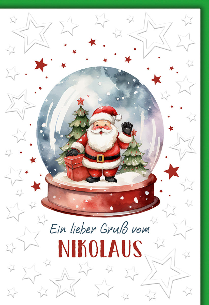 Weihnachtskarte Schneekugel-Design mit Nikolaus und Tannenbaum, festliche Farben, für Kinder und Familie