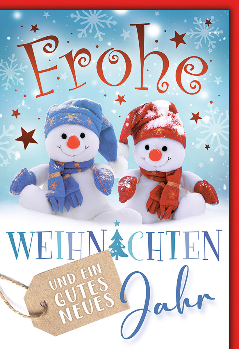 Weihnachtskarte Schneemann-Duo: Fröhliche Wintergrüße in Blau-Rot mit Schneeflocken und Neujahrswunsch