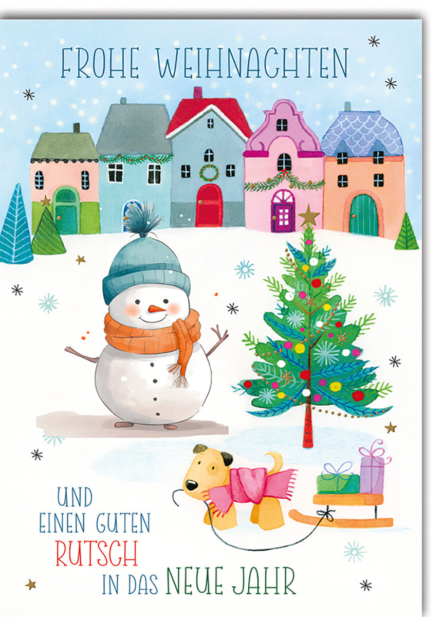 Weihnachtskarte Schneemann & Hund im Winterdorf – Bunte Illustration für Kinder und Familien