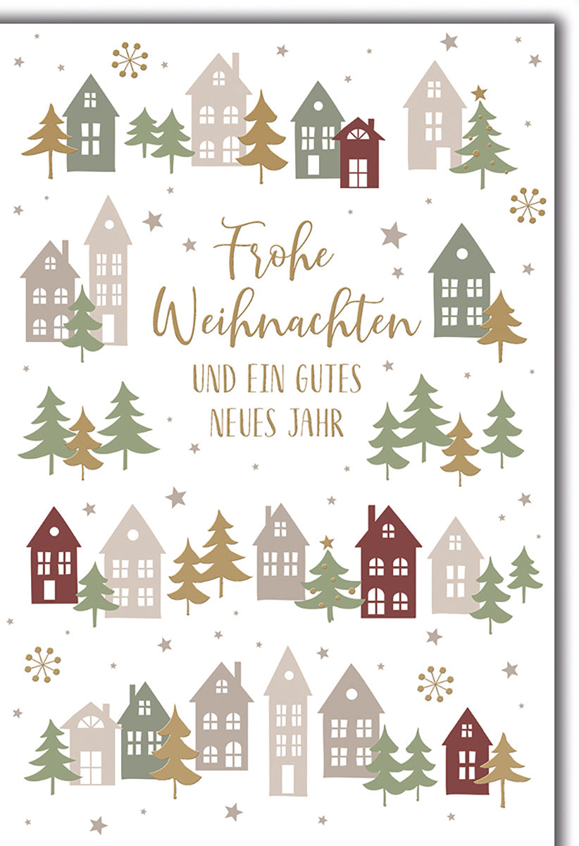 Weihnachtskarte: Skandinavisches Design mit Häusern und Tannen in Erdtönen – Frohe Weihnachten wünschen