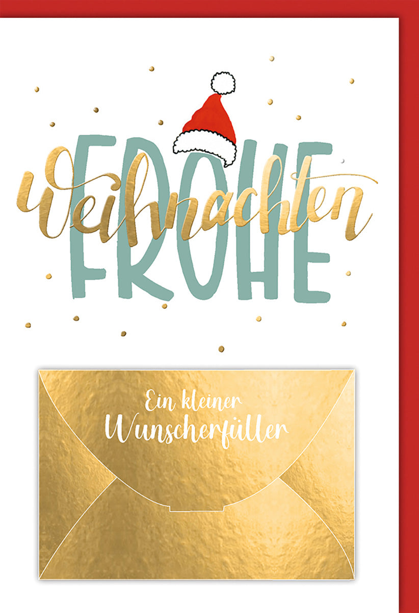 Weihnachtskarte: Stilvolle Frohe Weihnachten in Gold und Rot mit Glitzerakzenten für festliche Grüße