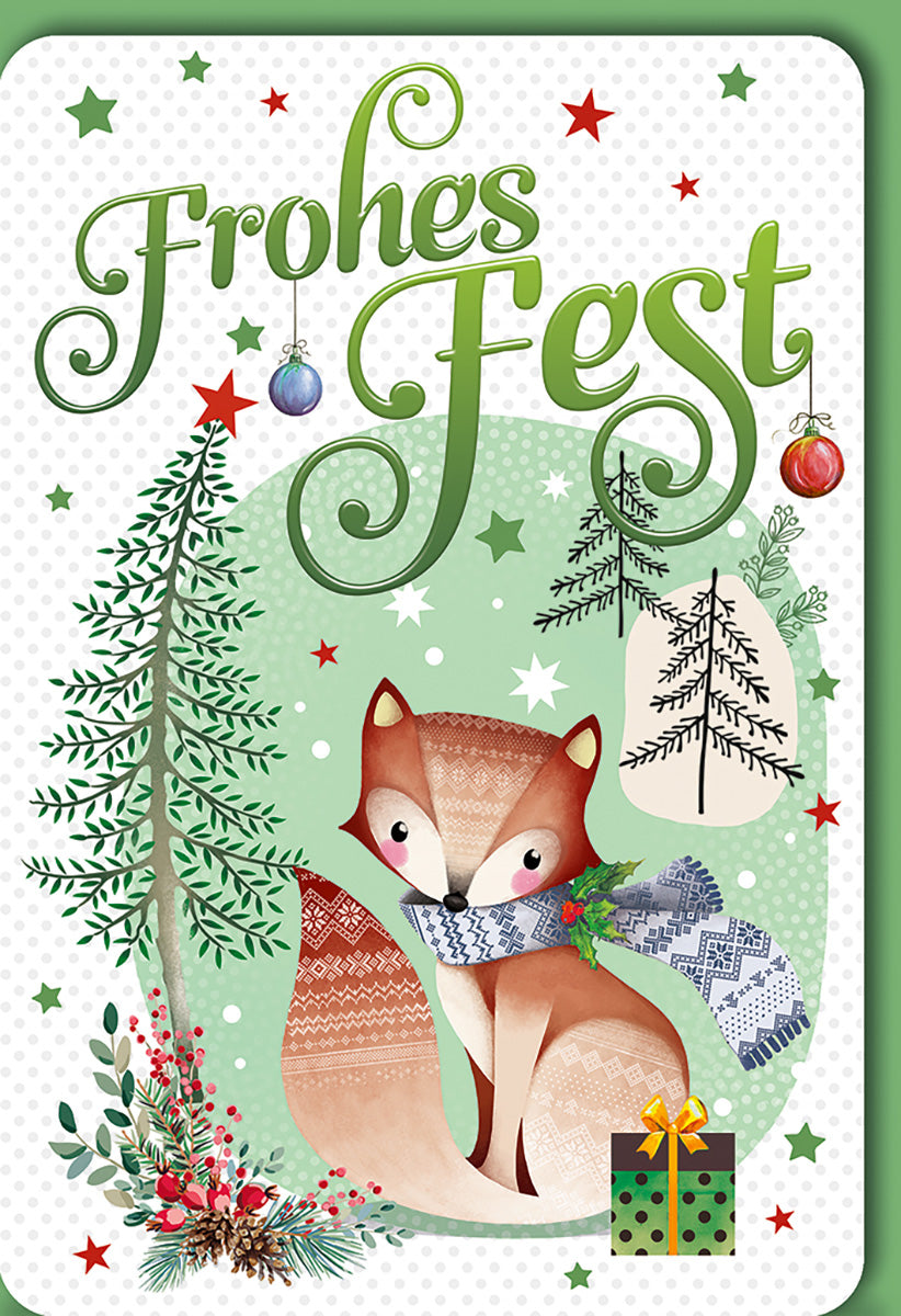 Weihnachtskarte: Verspielter Fuchs im Winterwald mit Geschenken und Tannen, festliche Farben für Kinder