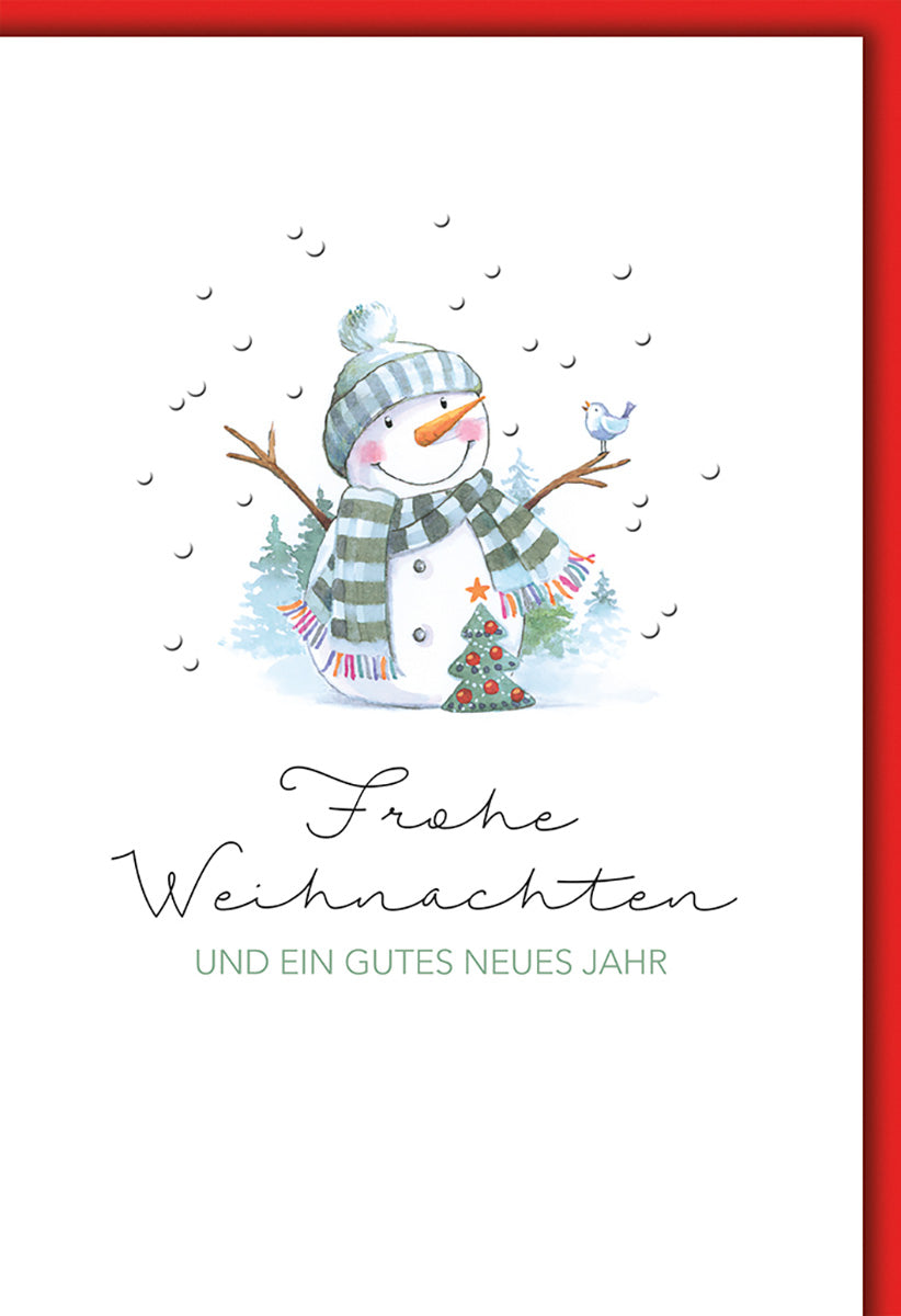 Weihnachtskarte: Verspielter Schneemann mit Vogel – Aquarell-Design, Frohe Weihnachten & Neujahrswünsche
