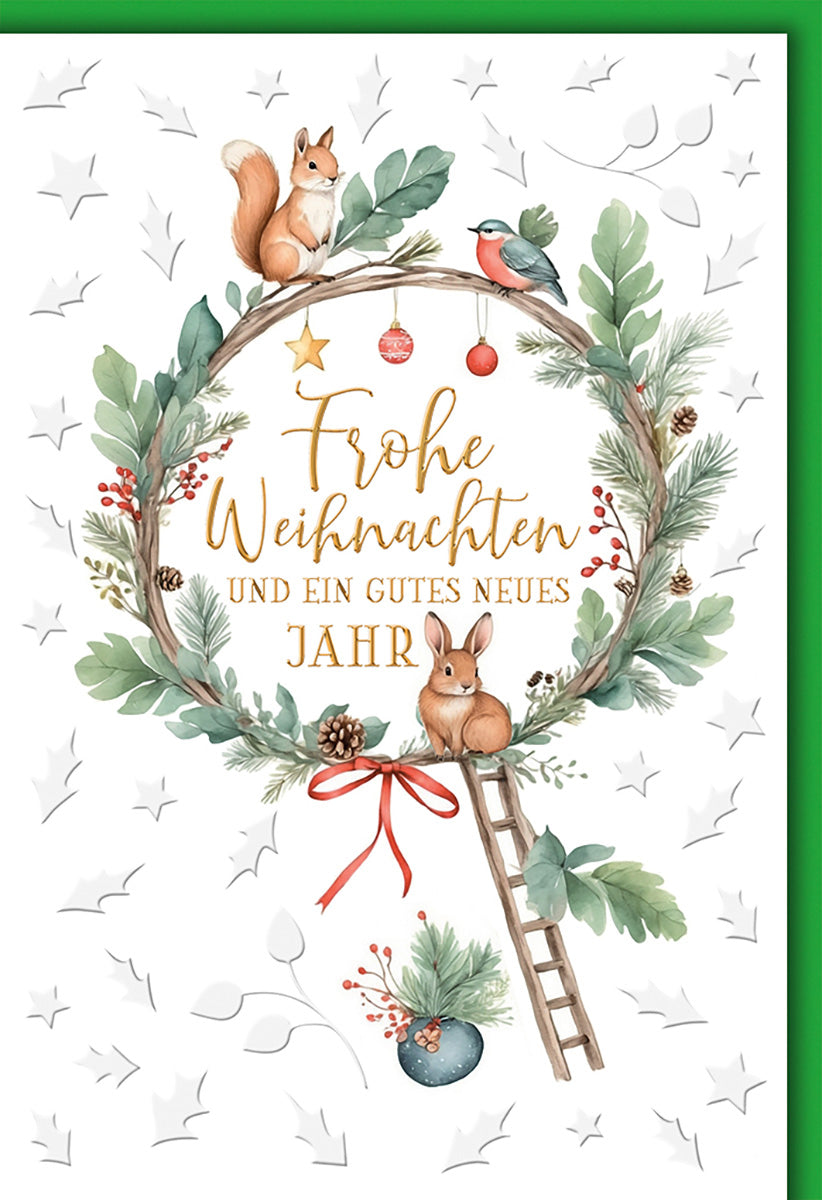 Weihnachtskarte: Verspielter Waldtier-Kranz mit Eichhörnchen und Hase – Frohe Weihnachten in Goldschrift