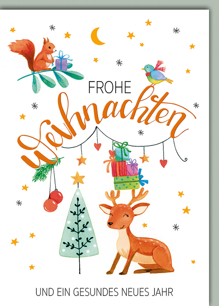 Weihnachtskarte: Verspieltes Rentier-Design mit Eichhörnchen und Geschenken – Frohe Weihnachten!