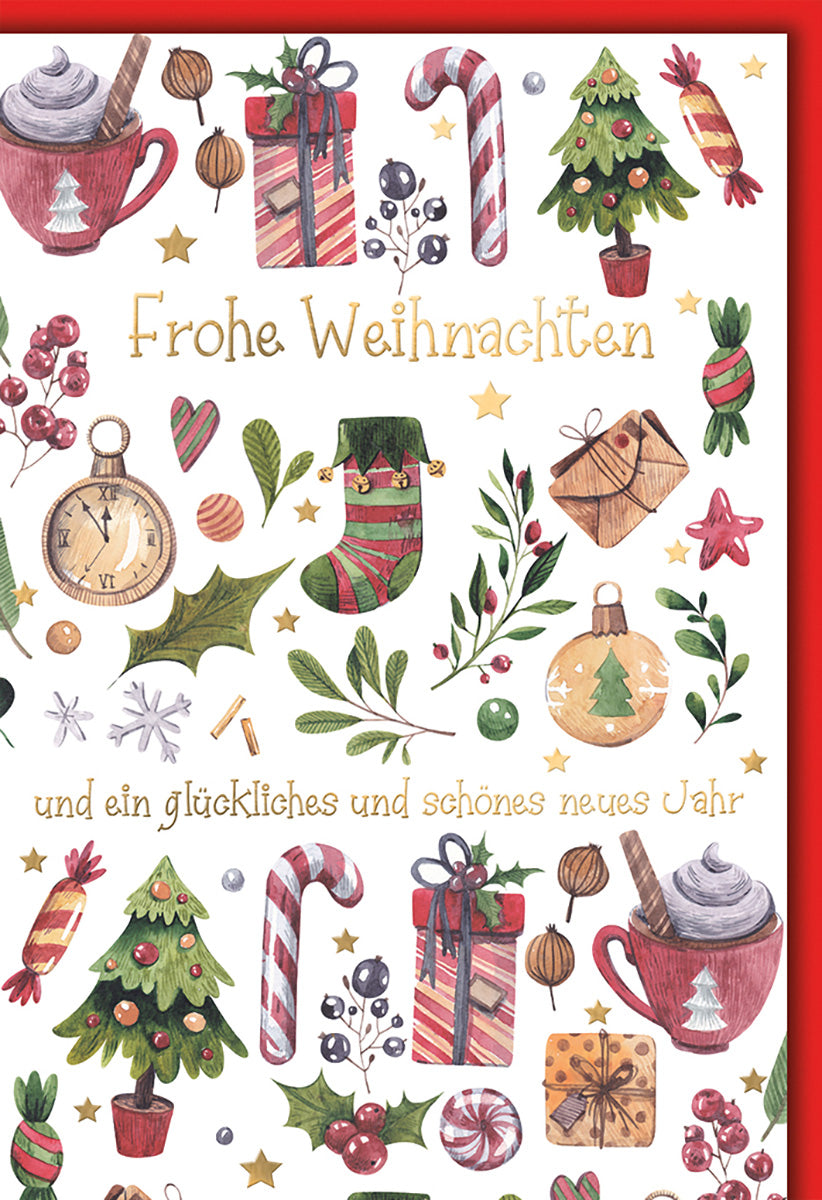 Weihnachtskarte Vintage-Stil: Festliche Illustrationen mit Geschenken, Tannenbäumen und Weihnachtsleckereien
