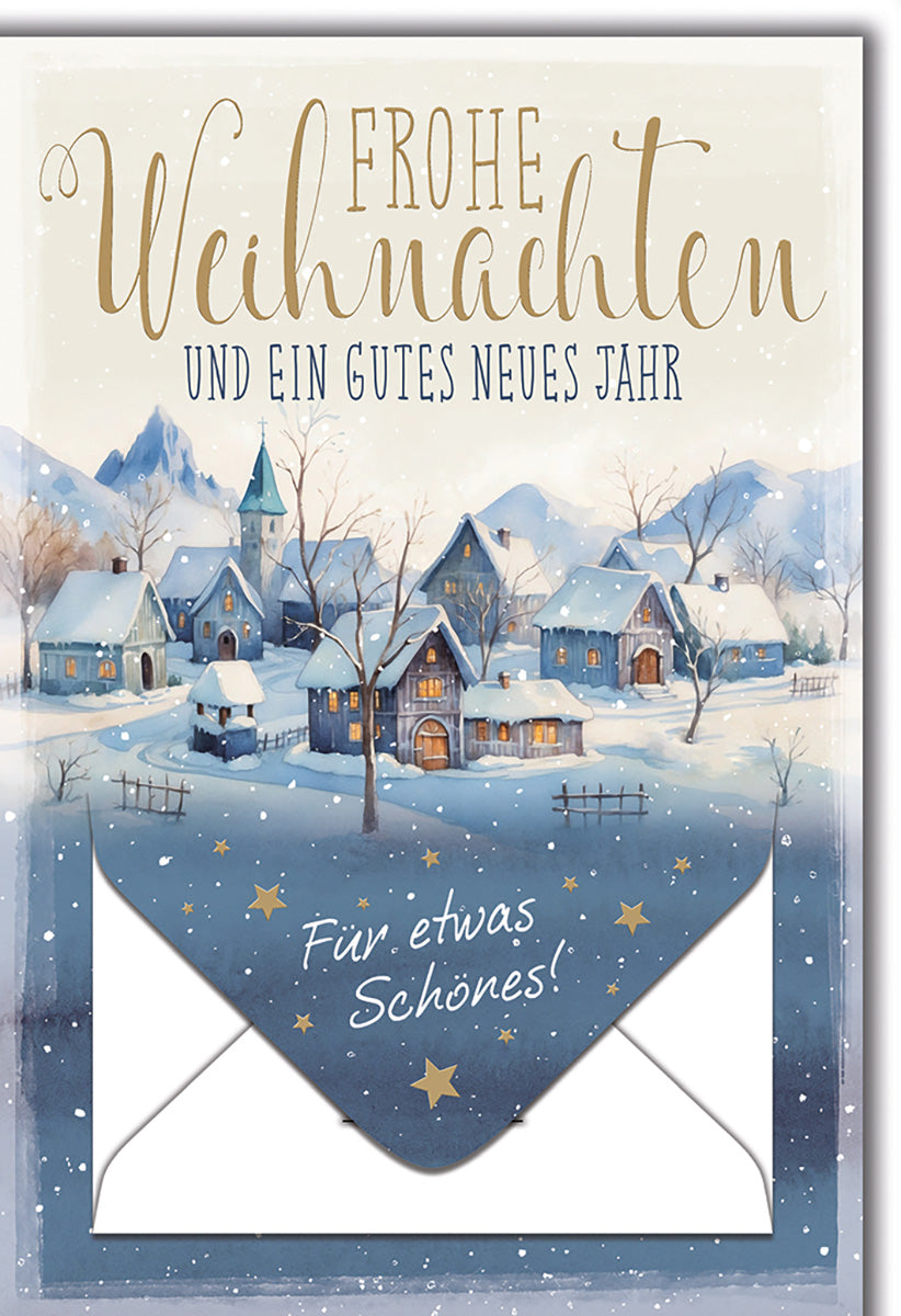 Weihnachtskarte Winterdorf Aquarell – Stimmungsvolle Schneelandschaft mit Gruß für Besinnliche Feiertage