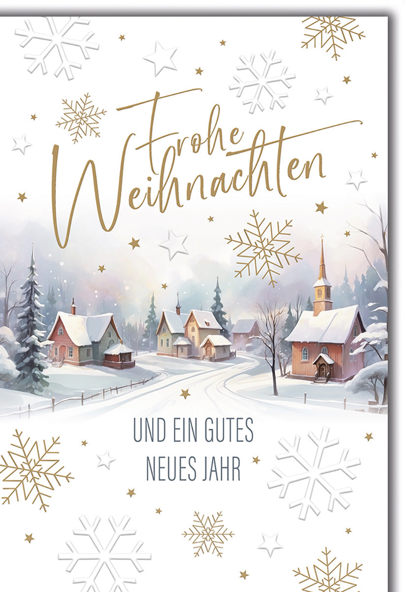 Weihnachtskarte Winterdorf-Szene: Malerische Schneelandschaft mit Kirche und goldenen Schneeflocken