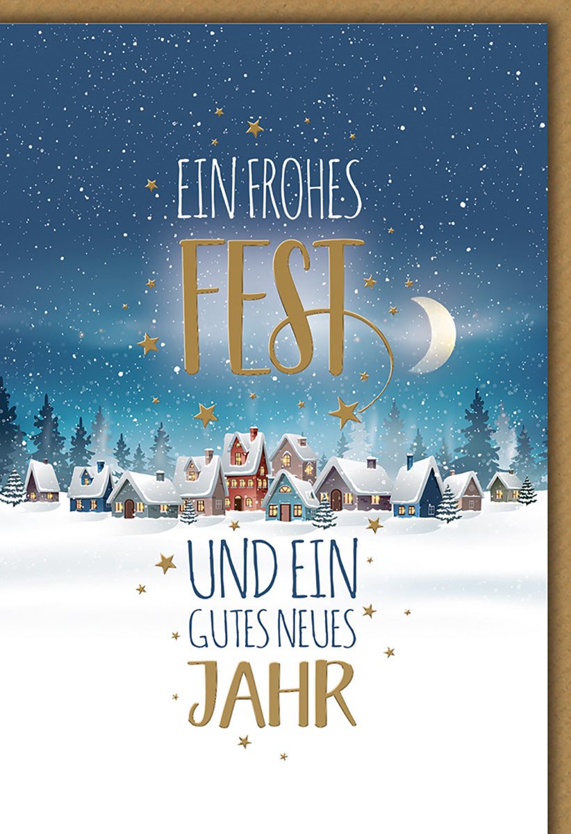 Weihnachtskarte: Winterliches Dorfmotiv mit Sternenhimmel und Grußtext in festlichem Gold-Design