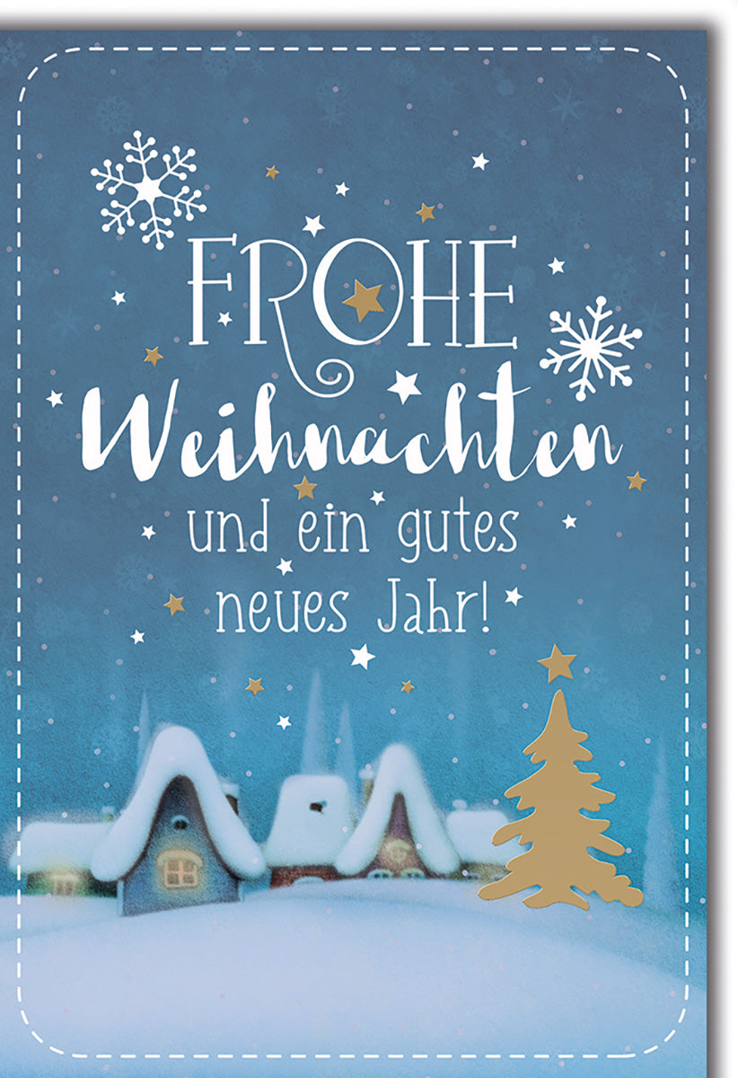 Weihnachtskarte: Winterliches Schneedorf mit Goldakzenten und Sternen für festliche Grüße