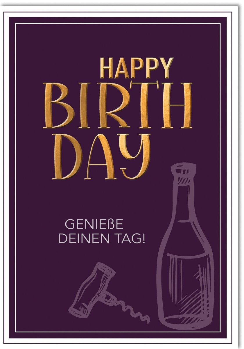 Geburtstagskarte XXL A4 – Elegantes Purpur-Gold Design mit Weinflasche, "Happy Birthday genieße deinen Tag" mit Kuvert